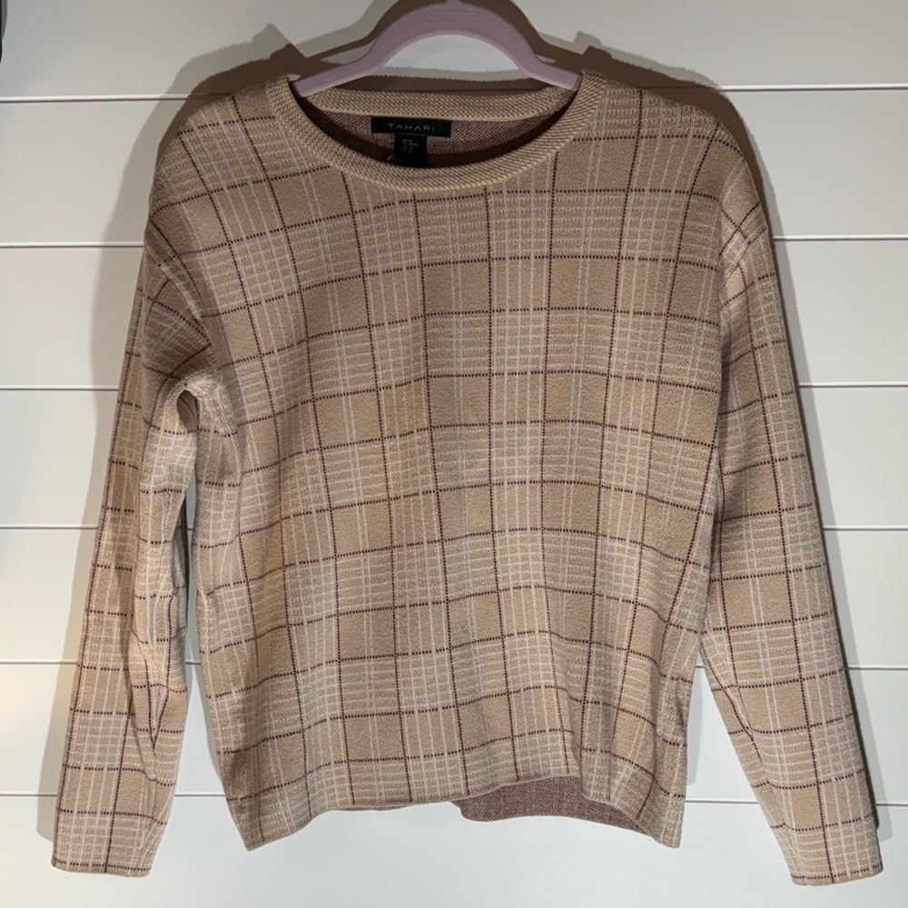 Tahari Tan Crew Neck Sweater with Plaid Pattern
